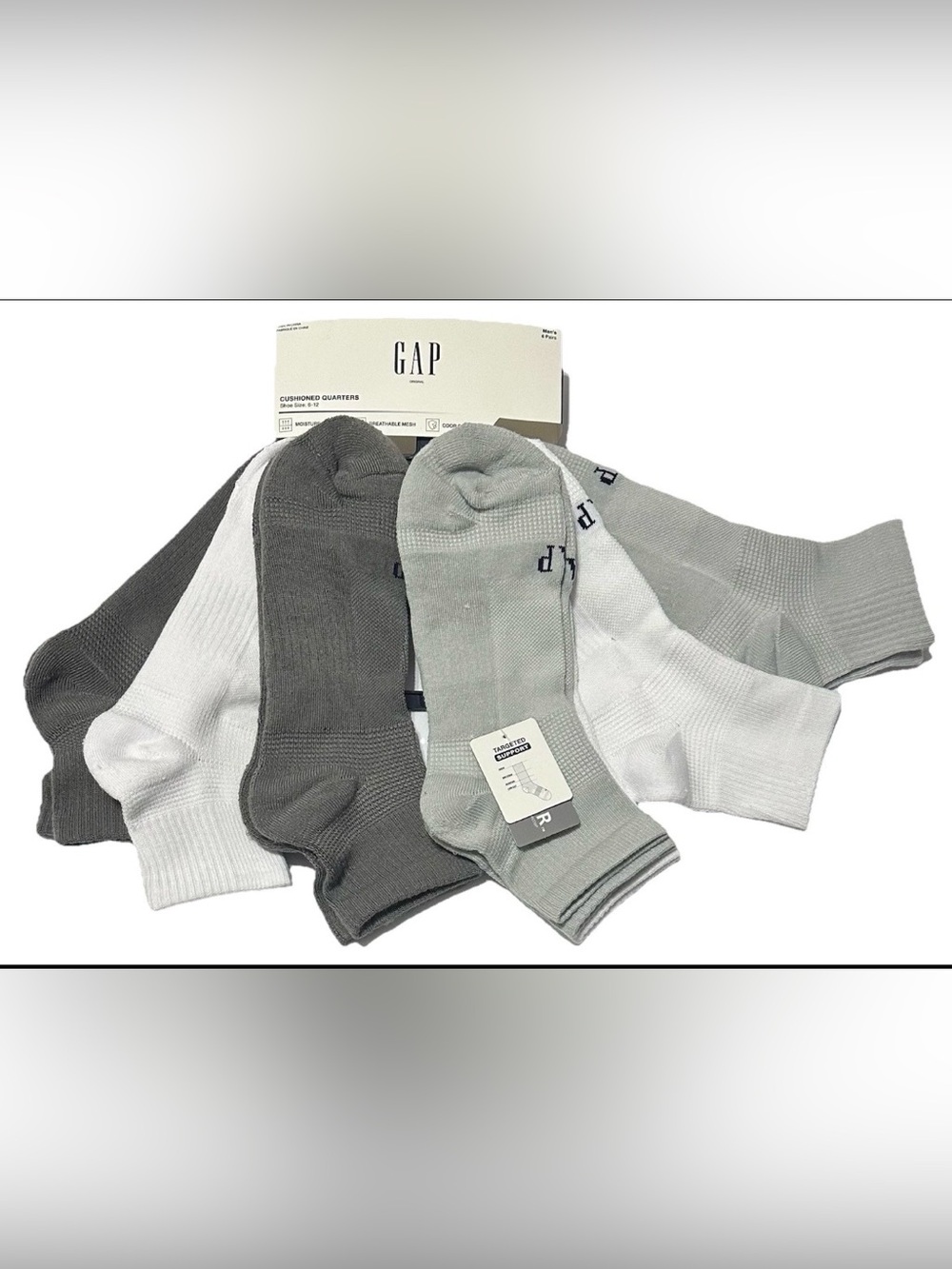 Gap 6-Pairs Men's Cushioned Quarter Socks Shoe Size 6-12 Gray/White Arch Support